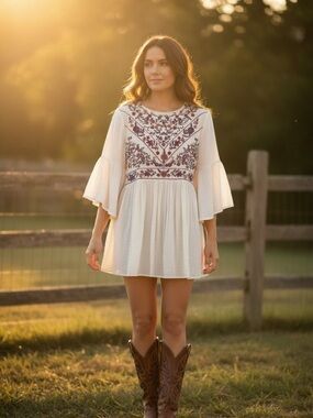 Embroidered Cream Boho Ruffle Flutter-Sleeve Mini Dress/Tunic Country Chic Sz M